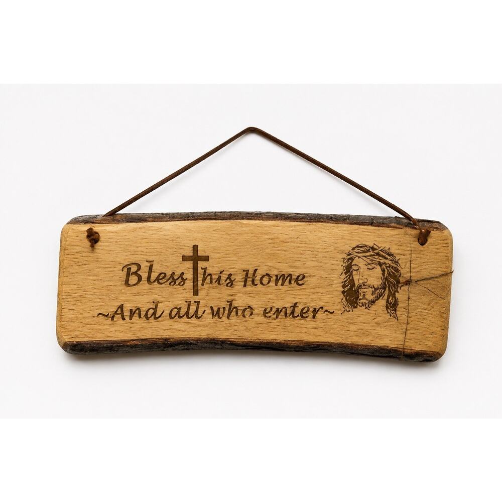 Handmade Oak Live Edge Wood Sign Bless This Home And All Who Enter Jesus Plaque